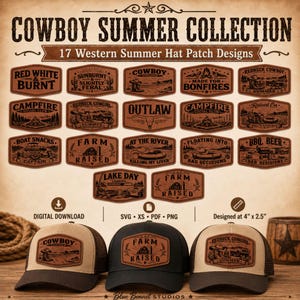 Cowboy Summer Hat Patch SVG Bundle, Western Kunstleder Laser-Dateien, 4x2,5 eingravierte Patch-Designs, xs png pdf, Bonus Rot Weiß Gebrannt
