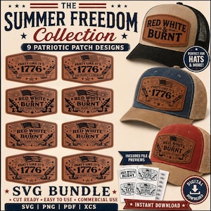 May include: A digital collection of nine patriotic patch designs featuring text like 'Party Like It's 1776' and 'Red, White & Burnt' with American flag and firework graphics. Three baseball caps with mesh backs display these leather-style patches.