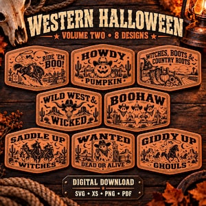 Puede incluir: Una colección de descarga digital de ocho diseños de Halloween del Oeste en naranja y negro. Los gráficos presentan temas como Ride 'Em Boo, Howdy Pumpkin, Witches Boots and Country Roots, Wild West and Wicked, Boohaw, Saddle Up Witches, Wanted Dead or Alive y Giddy Up Ghouls.
