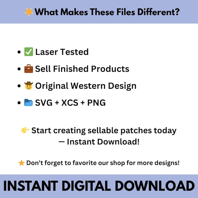 May include: A digital download graphic with the text "What Makes These Files Different?" and bullet points: Laser Tested, Sell Finished Products, Original Western Design, and SVG + XCS + PNG. The graphic also includes the text "Start creating sellable patches today - Instant Download!"