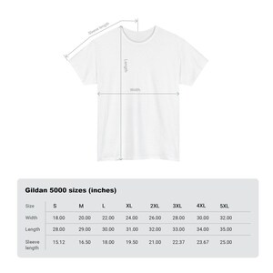 May include: A size chart for Gildan 5000 t-shirts, showing measurements in inches for sizes S through 5XL. The chart includes width, length, and sleeve length.