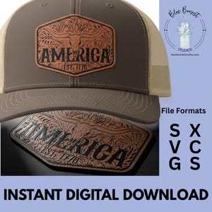 May include: A brown and tan trucker hat with a leather patch featuring the word "AMERICA" and "EST. 1776". The patch has a steer skull design. The hat is a digital download.