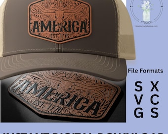 AMERICA Hex Patch Digital Files, 4 Laser-Ready Designs, Greyscale and Solid Fill,SVG & XCS, Western Tooled Style for xTool, Glowforge