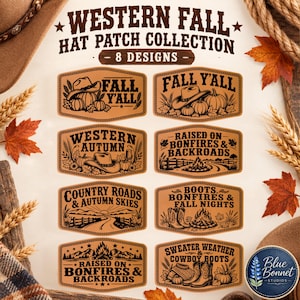 May include: A collection of eight brown leather-style hat patches featuring western and autumn themes. Designs include text like Fall Y'all, Western Autumn, and Raised on Bonfires & Backroads, accompanied by illustrations of pumpkins, hats, and boots.