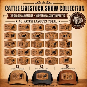 May include: A digital collection of 40 cattle livestock show patch designs in brown and black, featuring various illustrations of cattle and handlers with text. Three baseball caps display examples of these patches. The designs measure 4 inches by 2.5 inches.