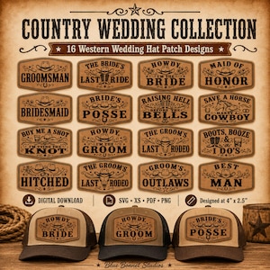 Pode incluir: Uma coleção digital de 16 patches para chapéus de casamento estilo western em couro castanho com texto e gráficos pretos, incluindo frases como Groomsman, Bride's Last Ride e Howdy I'm The Bride. Três bonés exibem estes patches.