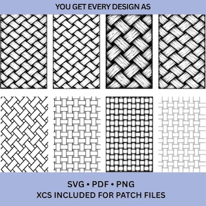 May include: Eight black and white woven pattern designs. The designs include various basket weave patterns. The text at the top says "YOU GET EVERY DESIGN AS". The text at the bottom says "SVG • PDF • PNG XCS INCLUDED FOR PATCH FILES".