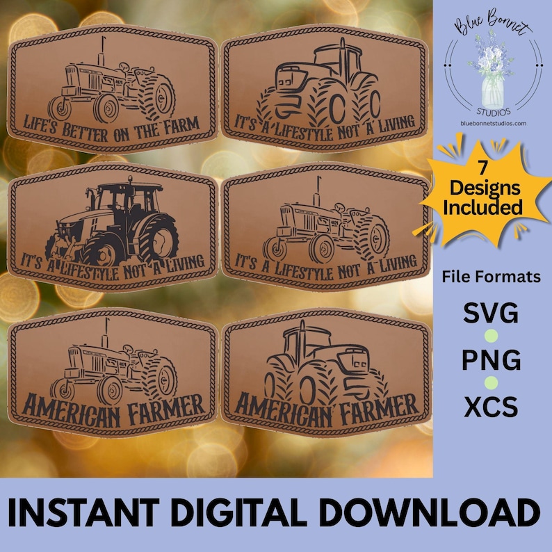 K&ouml;nnte beinhalten: Ein digitaler Download mit sechs braunen Traktordesigns mit Seilrand. Der Text enth&auml;lt "Life's Better on the Farm", "It's a Lifestyle Not a Living" und "American Farmer". Das Bild zeigt auch Dateiformate: SVG, PNG und XCS.