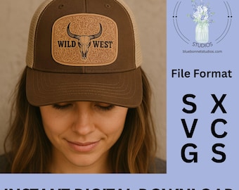 Wild West Leatherette Patch SVG XCS Digital Download,  Cowboy Skull and Tooled Leather Design , Laser Cut & Engrave Files