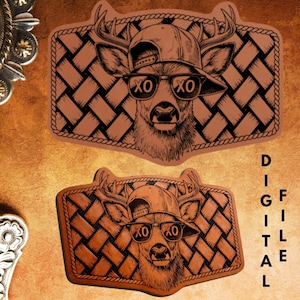 May include: Two brown leather-like rectangular designs with a deer wearing a cap and sunglasses that read "XO". The designs have a woven pattern and a rope-like border. The text "DIGITAL FILE" is visible.