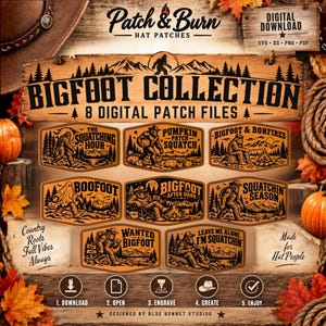Puede incluir: Una colección de descarga digital de 8 archivos de parches con temática de Bigfoot que presenta ilustraciones negras sobre un fondo de grano de madera. Los diseños incluyen The Squatching Hour, Pumpkin Patch Squatch, Bigfoot & Bonfires, Boofoot, Bigfoot After Dark, Squatchin Season, Wanted Bigfoot y Leave Me Alone I'm Squatchin.