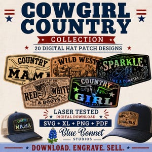 Może przedstawiać: Cyfrowa kolekcja 20 wzorów naszywek na czapki pod tytułem COWGIRL COUNTRY COLLECTION. Grafika przedstawia różne ilustracje o tematyce westernowej, w tym czaszki longhorna, kowbojskie buty i kapelusze oraz napisy takie jak COUNTRY MAMA.