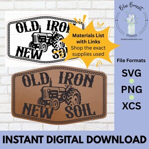 K&ouml;nnte beinhalten: Digitaler Download-Grafik mit einem Traktor und den Worten "OLD IRON NEW SOIL". Das Design ist in einem Braun- und Schwarz-Farbschema gehalten, mit einem seilartigen Rand. Der Text "INSTANT DIGITAL DOWNLOAD" ist ebenfalls enthalten.