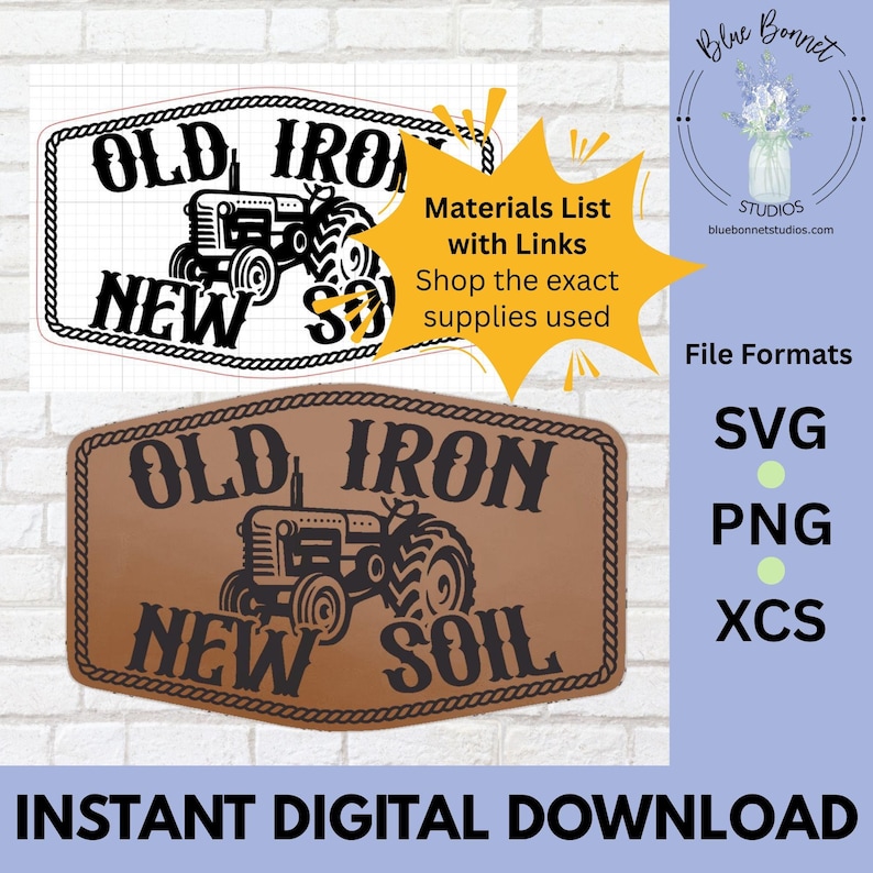 K&ouml;nnte beinhalten: Digitaler Download-Grafik mit einem Traktor und den Worten "OLD IRON NEW SOIL". Das Design ist in einem Braun- und Schwarz-Farbschema gehalten, mit einem seilartigen Rand. Der Text "INSTANT DIGITAL DOWNLOAD" ist ebenfalls enthalten.