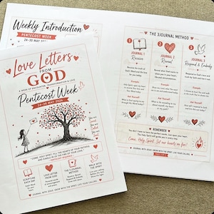 Puede incluir: Páginas impresas con texto e ilustraciones. La página principal se titula "Love Letters from God" con un gráfico de árbol y una niña soltando una carta. Otras páginas detallan un método de 3 diarios y una introducción semanal.