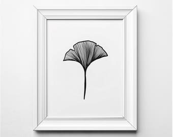 Ginkgo Leaf Wall Art, Minimalist Ginkgo Illustration, Modern Art Print, Black and White Ginkgo Art, Printable Art, Modern Art Print