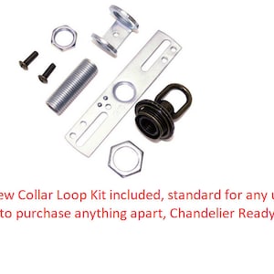 May include: A close-up of a chandelier mounting kit with a screw collar loop, a metal plate, a threaded rod, two screws, and two nuts. The kit is designed for easy installation and comes with all the necessary hardware.