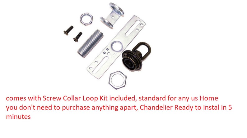 May include: A close-up of a chandelier mounting kit with a screw collar loop, a metal plate, a threaded rod, two screws, and two nuts. The kit is designed for easy installation and comes with all the necessary hardware.