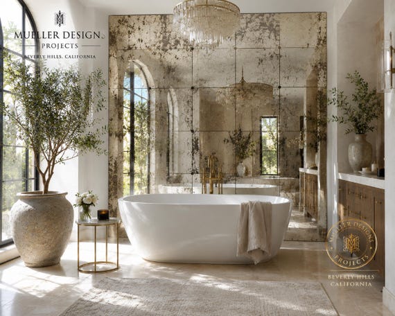 Antique Mirror Tiles | Handmade Distressed Mirror Glass | Custom Wall Panels | Luxury Bathroom & Backsplash |  Wall Decor | Custom Sizes