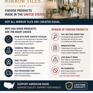 Puede incluir: Una infograf&iacute;a informativa para azulejos de espejo antiguos de Muller Designs. El texto destaca la fabricaci&oacute;n en EE. UU., la seguridad y los est&aacute;ndares de calidad. Incluye una comparaci&oacute;n entre productos nacionales y extranjeros con garant&iacute;a de por vida.