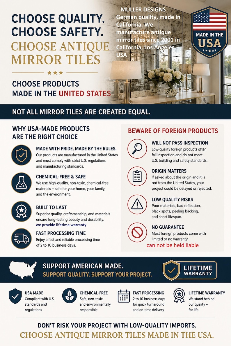 Puede incluir: Una infograf&iacute;a informativa para azulejos de espejo antiguos de Muller Designs. El texto destaca la fabricaci&oacute;n en EE. UU., la seguridad y los est&aacute;ndares de calidad. Incluye una comparaci&oacute;n entre productos nacionales y extranjeros con garant&iacute;a de por vida.