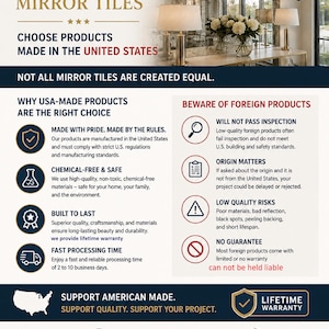 May include: An informational graphic for Muller Designs antique mirror tiles. The text highlights USA manufacturing, safety, and quality standards. It includes a comparison between domestic and foreign products, emphasising a lifetime warranty.