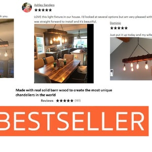 May include: A rustic wooden chandelier with six light bulbs hanging from a chain. The chandelier is made from reclaimed barn wood and has a natural wood finish. The chandelier is shown hanging in three different rooms, including a kitchen, a dining room, and a bar. The product description reads "Made with real solid barn wood to create the most unique chandeliers in the world." The product has a 5-star rating and 161 reviews.