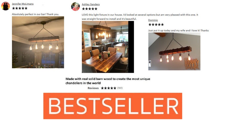 May include: A rustic wooden chandelier with six light bulbs hanging from a chain. The chandelier is made from reclaimed barn wood and has a natural wood finish. The chandelier is shown hanging in three different rooms, including a kitchen, a dining room, and a bar. The product description reads "Made with real solid barn wood to create the most unique chandeliers in the world." The product has a 5-star rating and 161 reviews.