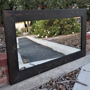 May include: A black wooden framed mirror with a rectangular shape. The mirror reflects a paved walkway and green bushes.