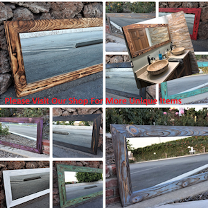 May include: A collage of nine images showcasing various styles of wooden framed mirrors. The mirrors are in different colors, including natural wood, blue, green, white, and purple. The mirrors are all rectangular and have a rustic, reclaimed wood look. The mirrors are reflecting different scenes, including a street, a bathroom, and a garden.