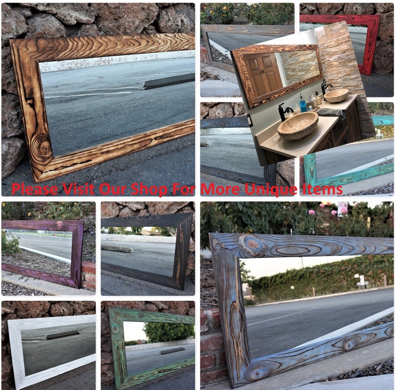 May include: A collage of nine images showcasing various styles of wooden framed mirrors. The mirrors are in different colors, including natural wood, blue, green, white, and purple. The mirrors are all rectangular and have a rustic, reclaimed wood look. The mirrors are reflecting different scenes, including a street, a bathroom, and a garden.