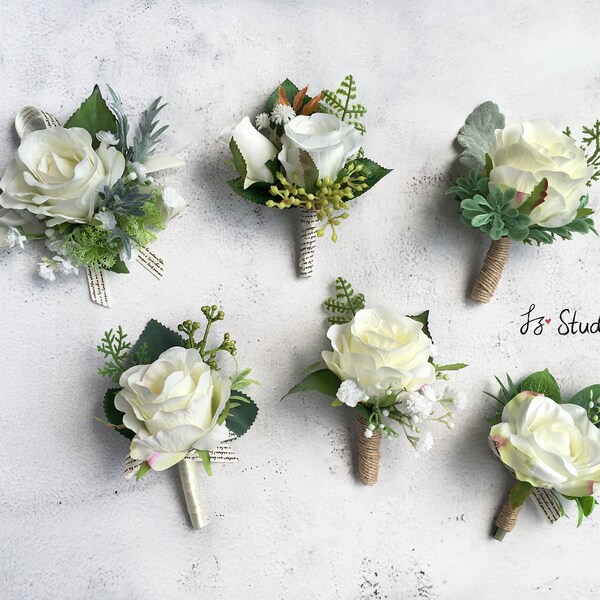 Wedding Ivory Boutonniere Wrist Corsage Set Blooming Cream Silk Rose Faux Flowers Greenery Eucalyptus Fern Men Boutineer Wristlet Buttonhole