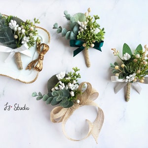 Green Boutonniere Wrist Corsage Set Rustic Wedding Boutineer for Men Fake Flowers Wristlet Babysbreath Eucalyptus Fern Sage Olive Buttonhole