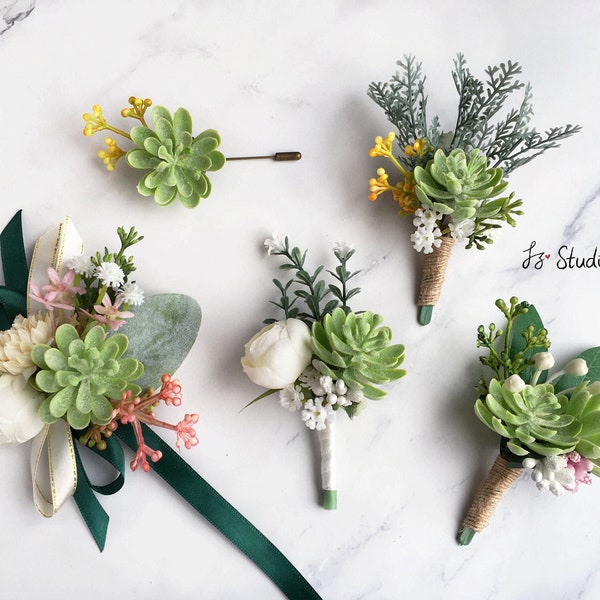 Fake Succulent Greenery Boutonniere Wrist Corsage Set Ivory Green Boutineer Faux Buttonhole Wedding Silk Flowers Decor Lapel Pin Wristlet