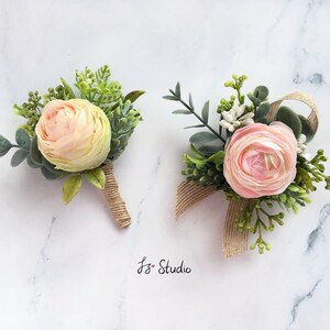 Wedding Boutonniere Wrist Corsage Set Silk Boutineer Wristlet for Prom Faux Ranunculus Rose Greenery Buttonhole Lapel Flower Classic Rustic