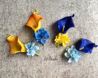 Wedding Boutonniere Yellow Royal Blue Calla Lily Boutineer Artificial Flowers Buttonholes Faux PU Calla Men Corsages Prom Party Lapel Decor