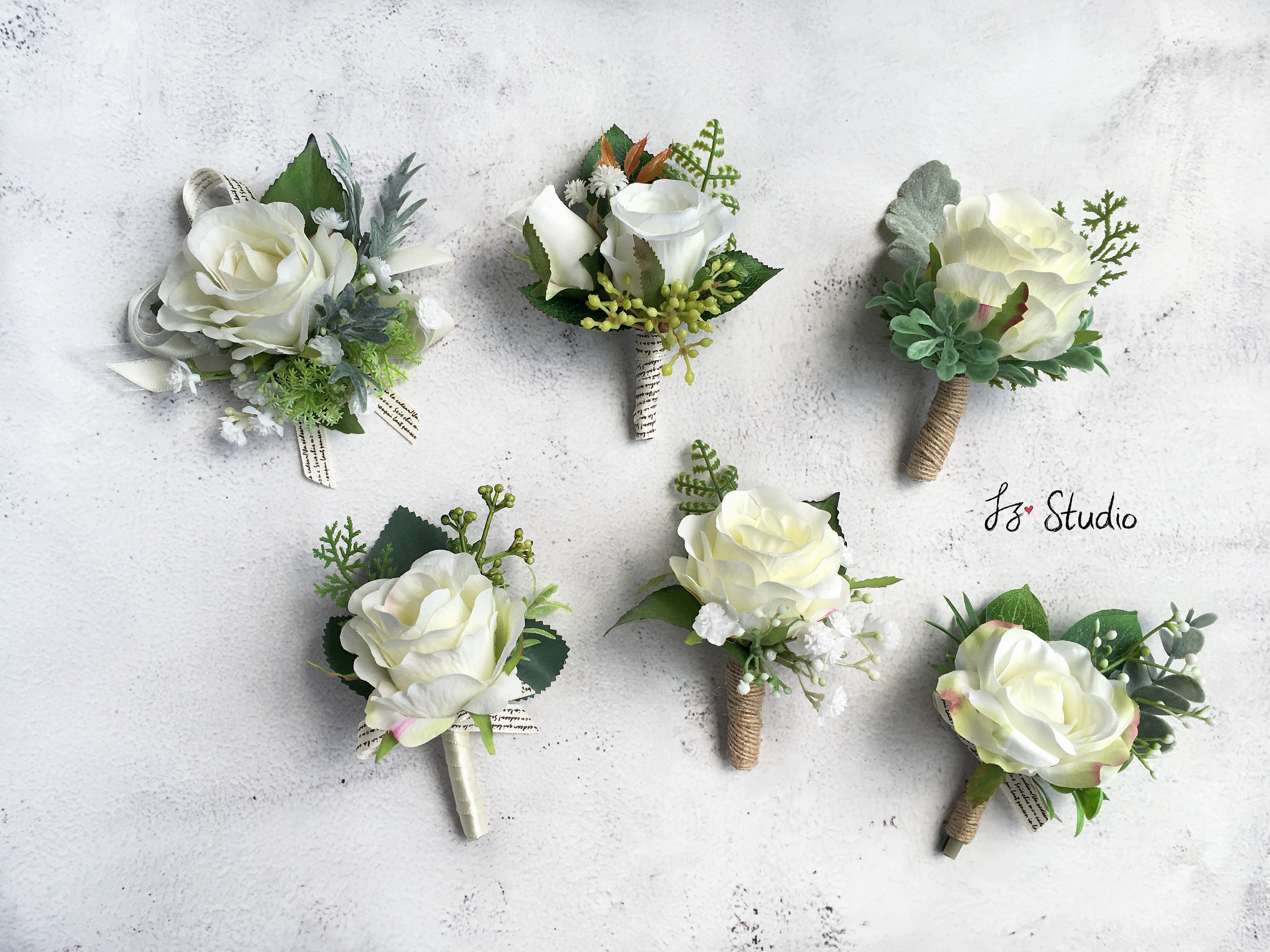 Rose Wrist Corsage Bracelet and Boutonniere Set Rhinestone Ribbon Flower Wedding Prom Ivory 