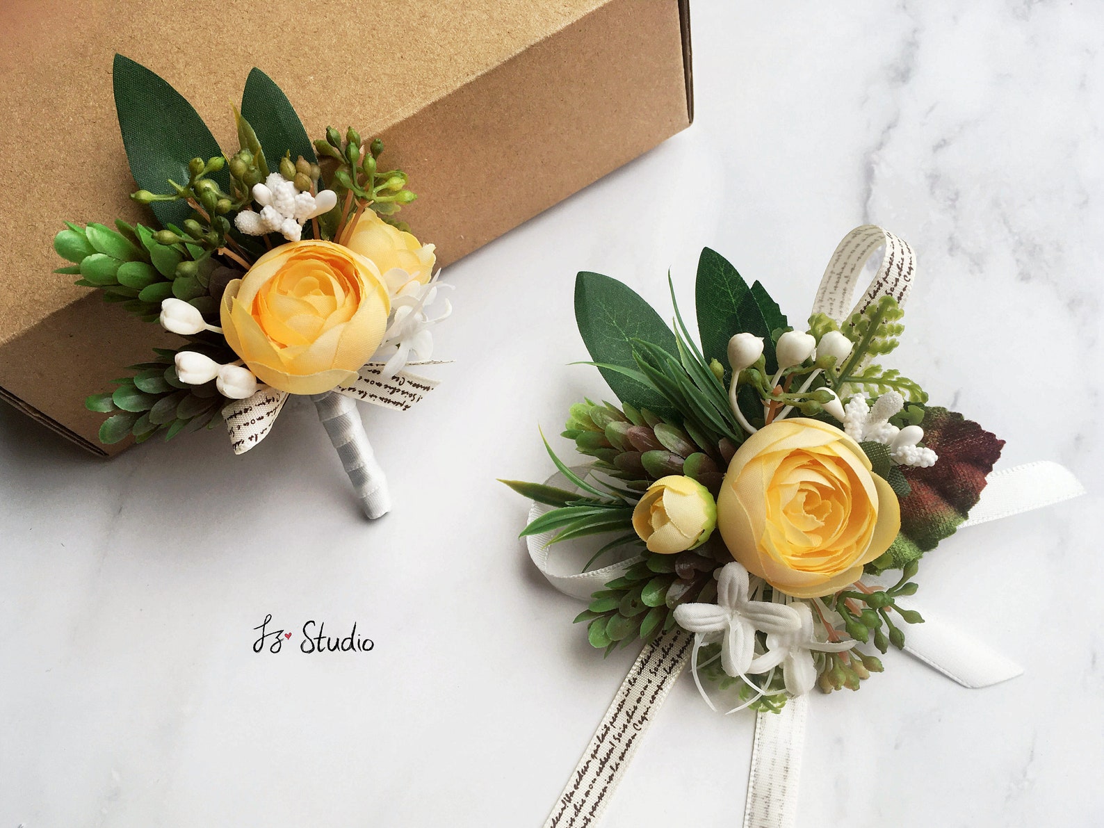 Ranunculus Boutonniere Wrist Corsage Set Yellow Cream Fake Etsy