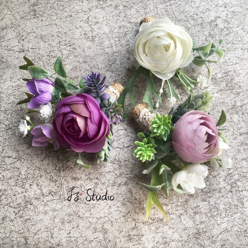 Rustic Wedding Boutonniere Silk Boutineer Wrist Corsage Set Ivory Cream Violet Lilac Green Buttonholes Fake Ranunculus Camellia Lapel Flower