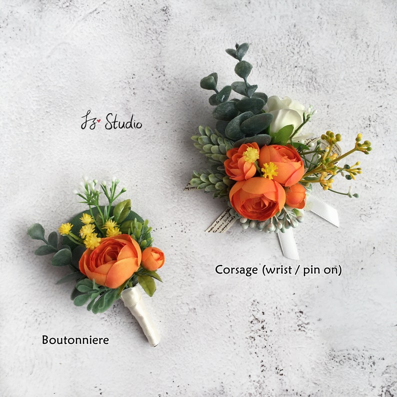 Orange Green Silk Boutonniere Wrist Corsage Wedding Boutineer Classic Fake Flowers Wristlet Buttonhole Rose Ranunculus Eucalyptus Hops Fern