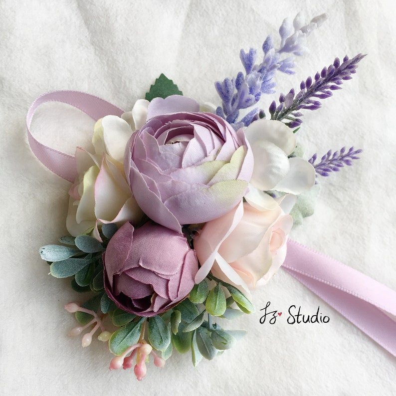 Rustic Wedding Boutonniere Silk Boutineer Wrist Corsage Set Ivory Cream Violet Lilac Green Buttonholes Fake Ranunculus Camellia Lapel Flower