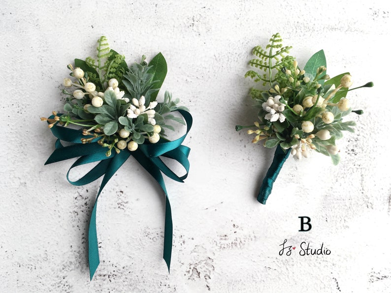 Fake Flower Corsage Boutonniere Set Retro Greenery White Etsy