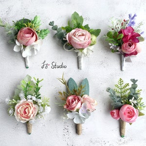 Wedding Boutonniere Retro Pink Blush Faux Silk Flower Greenery Boutineer Classic Rustic Corsages Fake Rose Ranunculus Eucalyptus Buttonhole