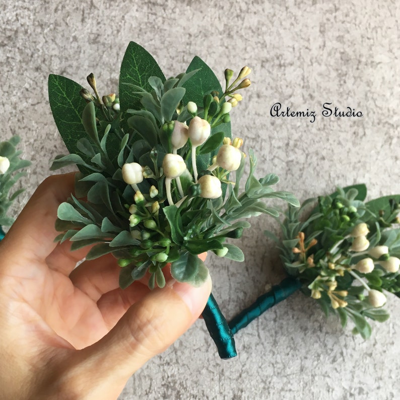 Wedding Silk Boutonniere Wrist Corsage Greenery Classic Boutineer Wristlet Set Fake Flowers Eucalyptus Fern Sage Buttonholes Man Lapel Decor
