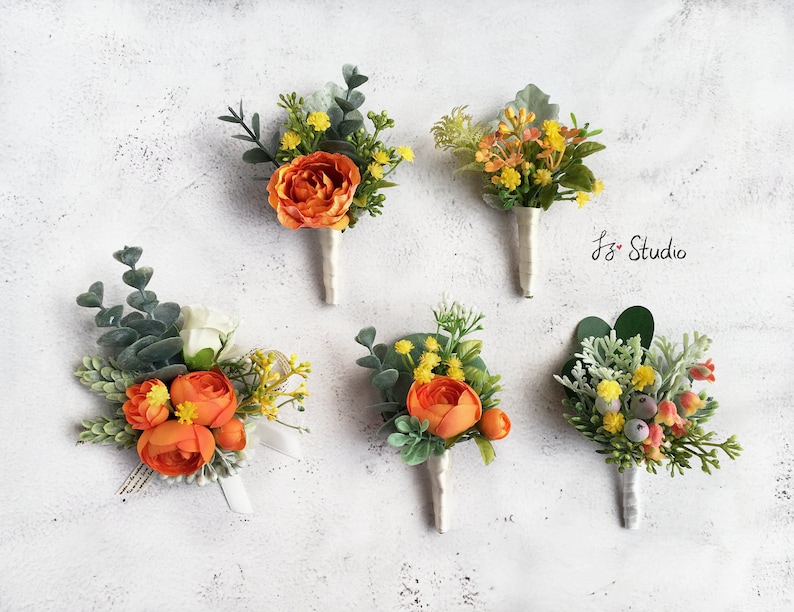 Orange Green Silk Boutonniere Wrist Corsage Wedding Boutineer Classic Fake Flowers Wristlet Buttonhole Rose Ranunculus Eucalyptus Hops Fern
