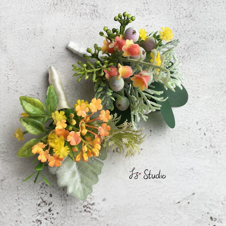 Orange Green Silk Boutonniere Wrist Corsage Wedding Boutineer Classic Fake Flowers Wristlet Buttonhole Rose Ranunculus Eucalyptus Hops Fern