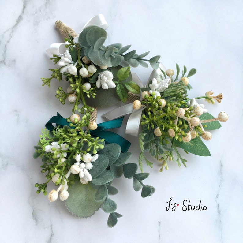 Fake Flower Corsage Boutonniere Set Retro Greenery White Etsy