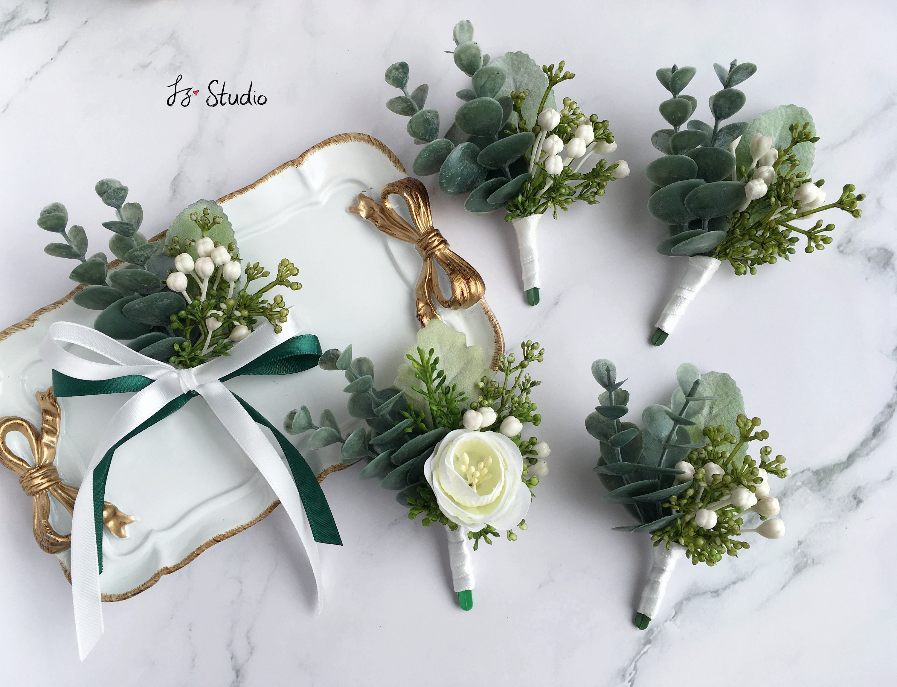 ChezMax Wedding Handmade Corsage Fake Succulent Eucalyptus Plants Boutonniere Wedding Decor 2pcs