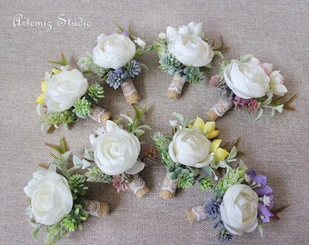 White Boutonniere Fake Camellia Wedding Corsages Rustic Silk Flowers Boutineer Woodland Forest Style Lapel Flowers Buttonhole Decor