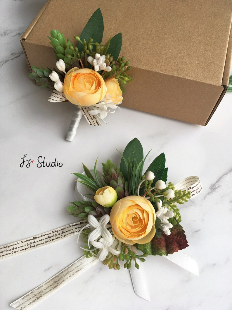 Ranunculus Boutonniere Wrist Corsage Set Yellow Cream Fake Etsy